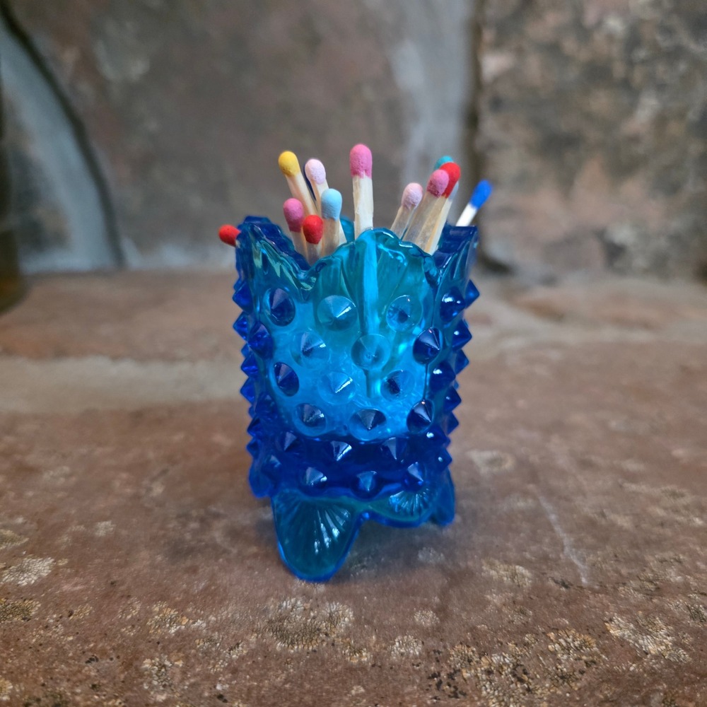 Vintage Fenton Blue Hobnail Glass Toothpick Matches Holder 3 Footed Scalloped